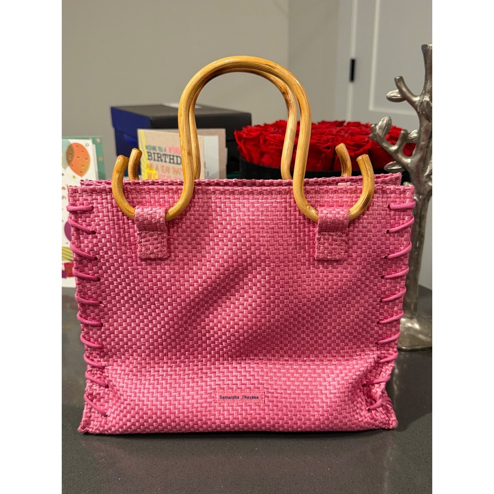 Samantha Thavasa Bamboo Handle Tote Small Pink NWOT Woven Rare Kawaii Barbie